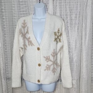 33 Degrees White & Gold Sparkle Snowflake Cardigan Sweater SzS